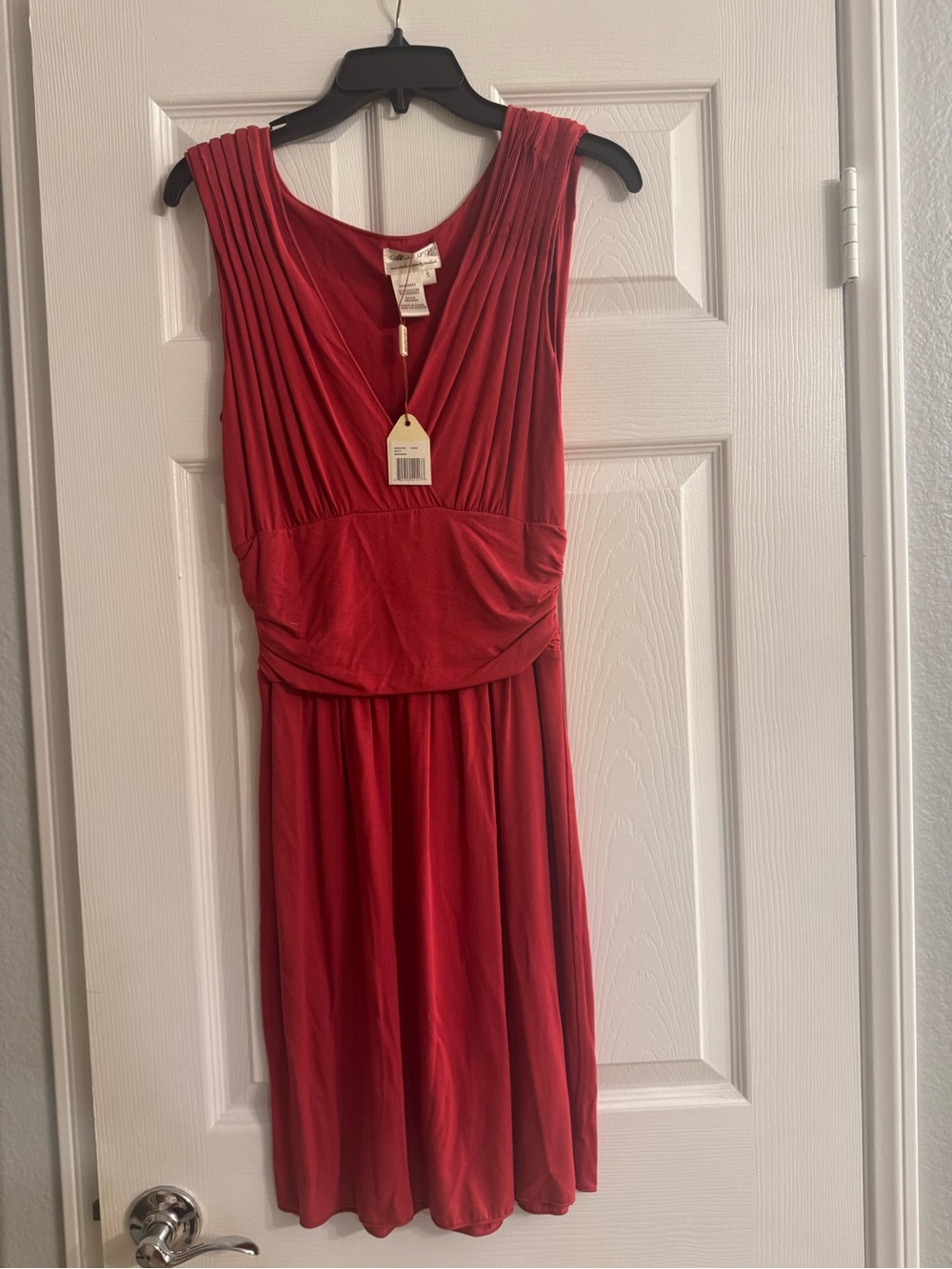 Max Studio Crimson V-Neck Pleated Waist Midi Dress